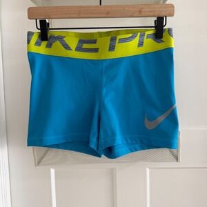 Nike Pro Dri-FIT Womens Blue Neon Yellow 3 Inch Inseam Compression Shorts Size M